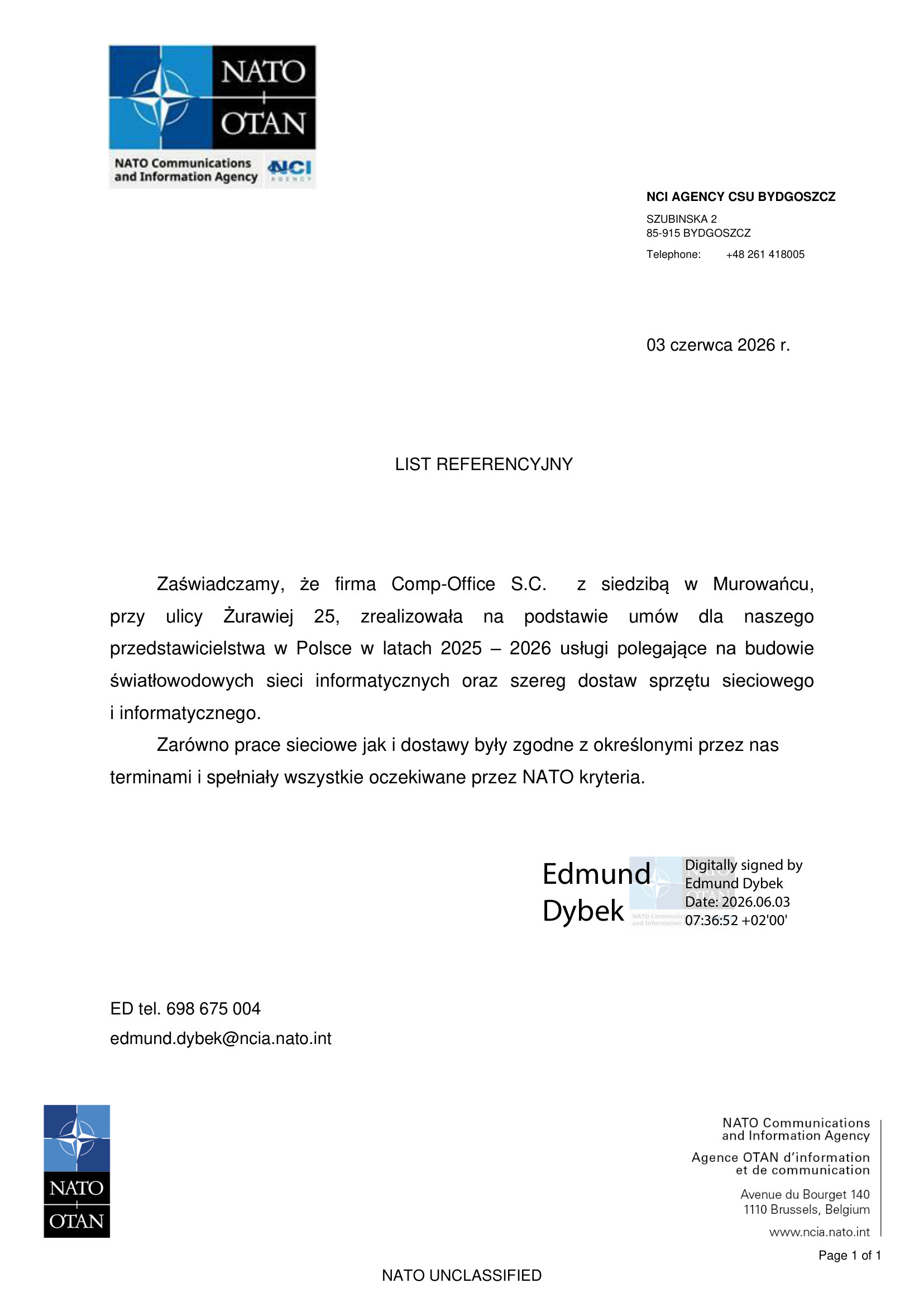 List referencyjny NATO Communications and Information Agency (NCI Agency) dla Comp-Office S.C.